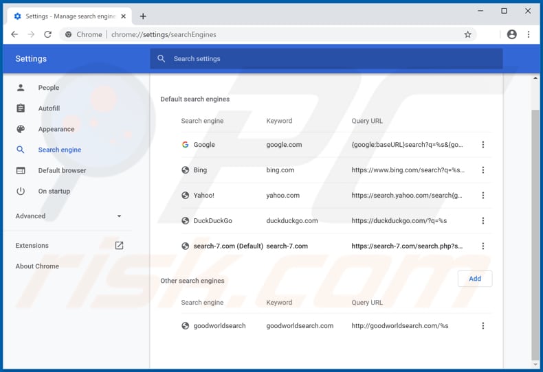 Removing search-7.com from Google Chrome default search engine