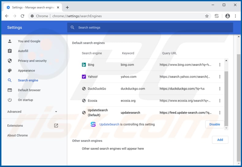Removing update-search.com from Google Chrome default search engine