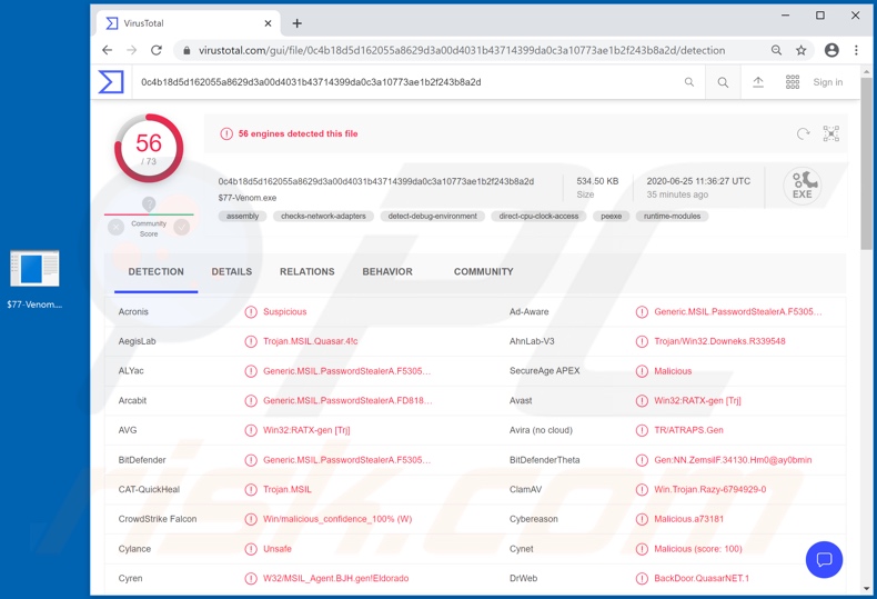 Wykrycia malware VenomRAT na VirusTotal