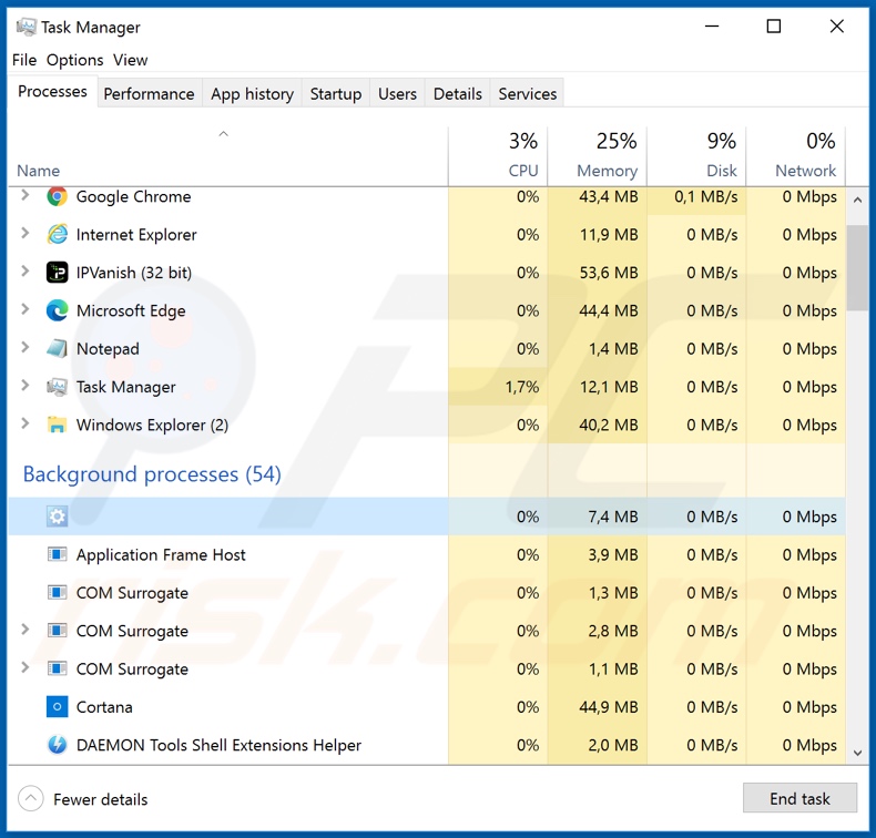 Proces malware VenomRAT w Menedżerze zadań