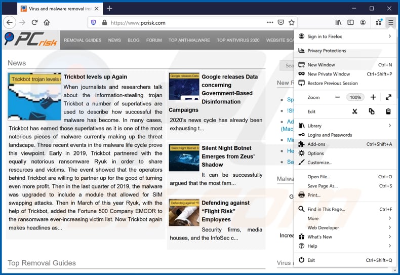 Usuwanie zwodniczych rozszerzeń z Mozilla Firefox krok 1