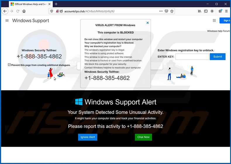 Oszustwo pop-up VIRUS ALERT FROM Windows (2020-06-18)