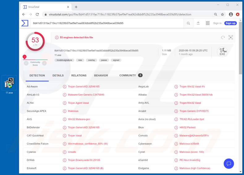 Wykrycia malware DarkCrystal na VirusTotal