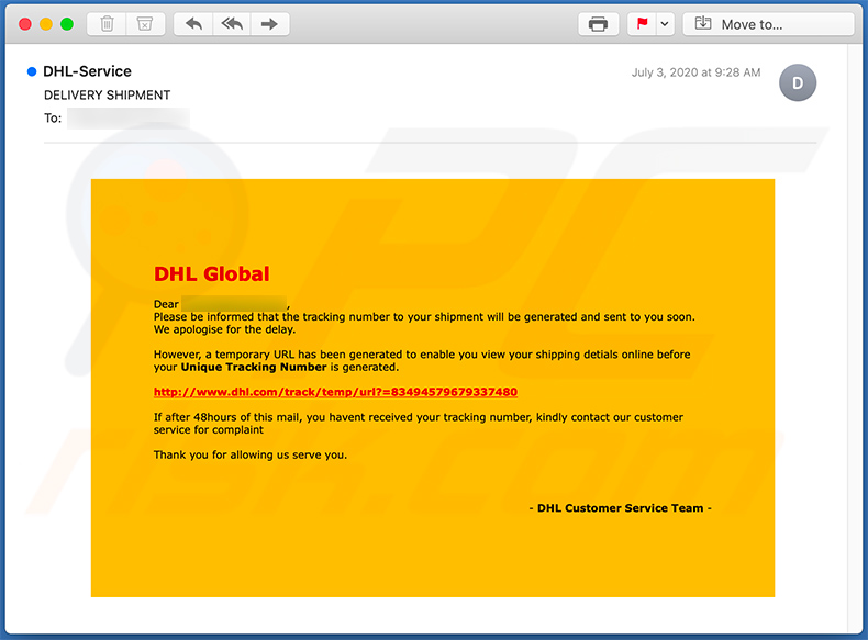 E-mail phishingowy o tematyce DHL (2020-07-13)