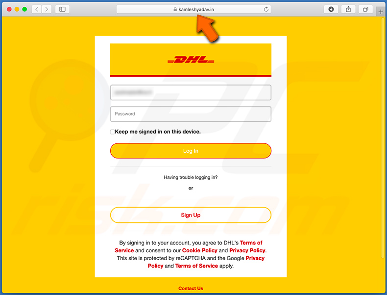 kamleshyadav.in - fałszywa strona logowania DHL używana do celów phishingowych