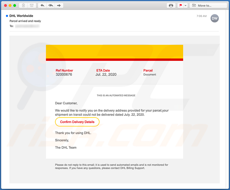 E-mail spamowy o tematyce DHL promujący stronę phishingową (2020-07-24)