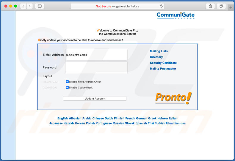 General.farhat.ca - witryna phishingowa promowana przez e-mail spamowy
