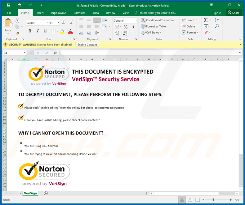 Złośliwy dokument MS Excel (dystrybuowany poprzez e-maile spamowe o tematyce IRS) zaprojektowany do wstrzykiwania Cobalt Strike