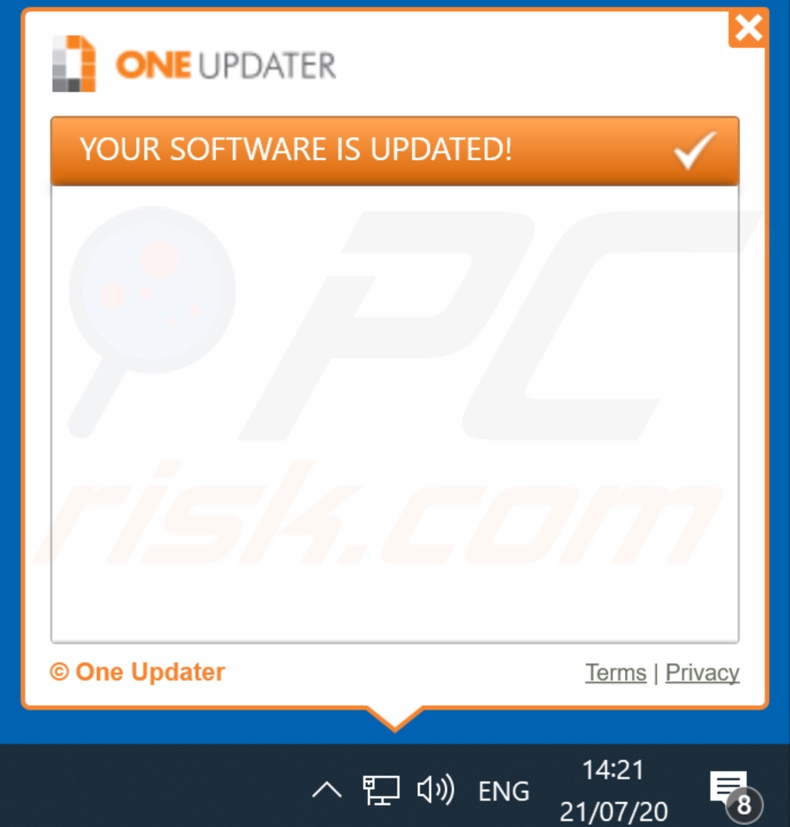 Pop-up wyświetlony przez adware OneUpdater