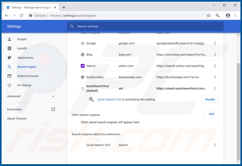 Usuwanie quicksearchtool.com z domyślnej wyszukiwarki Google Chromee