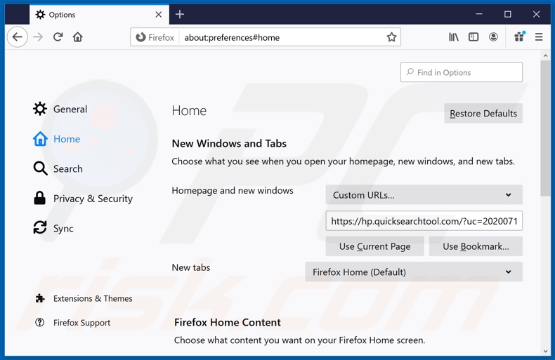 Usuwanie quicksearchtool.com ze strony głównej Mozilla Firefox