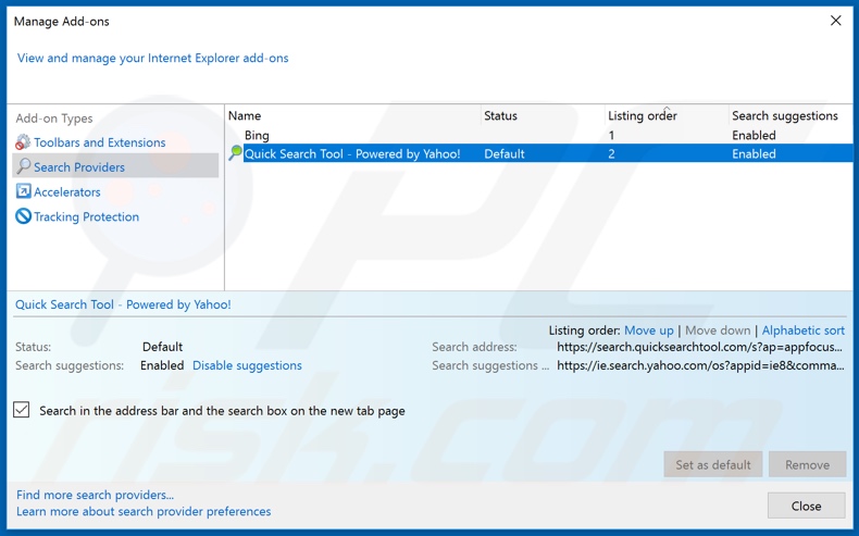 Usuwanie quicksearchtool.com z domyślnej wyszukiwarki Internet Explorer