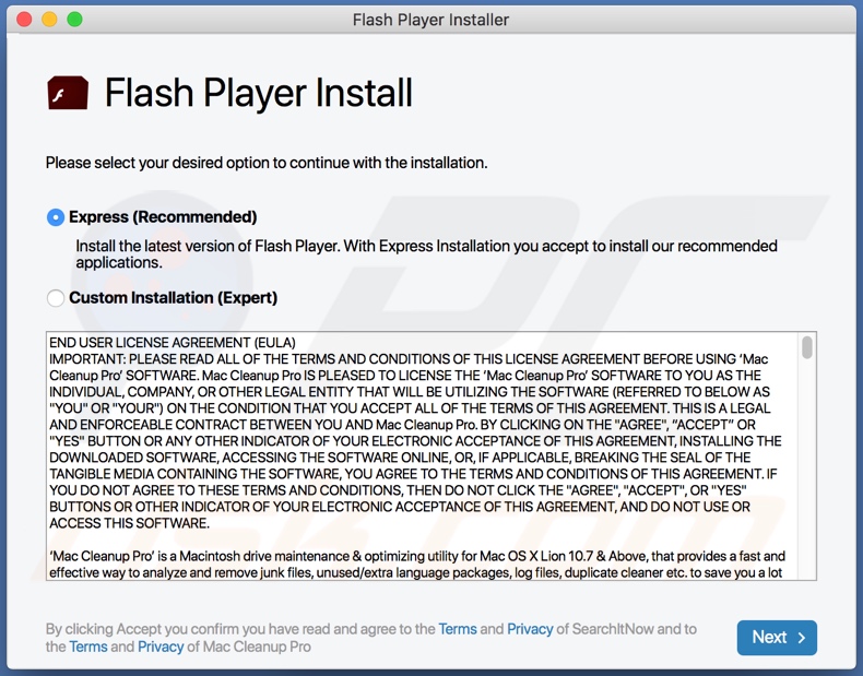 SearchWebPortal adware distributed via fake Flash Player updater/installer