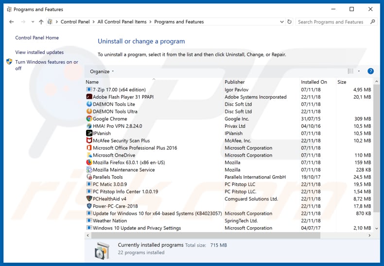 Odinstalowanie porywacza przeglądarki stormsearch.net za pomocą Panelu sterowania