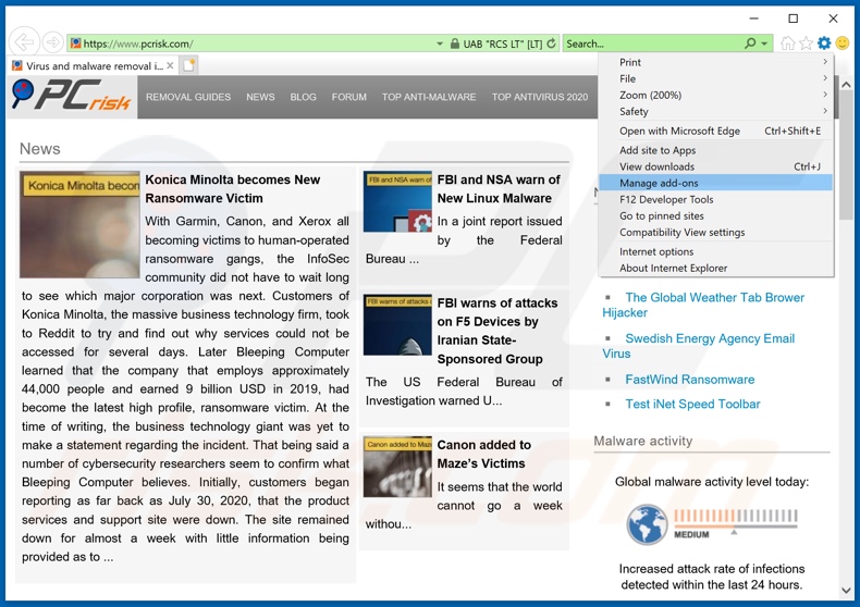 Removing rogue extensions from Internet Explorer step 1