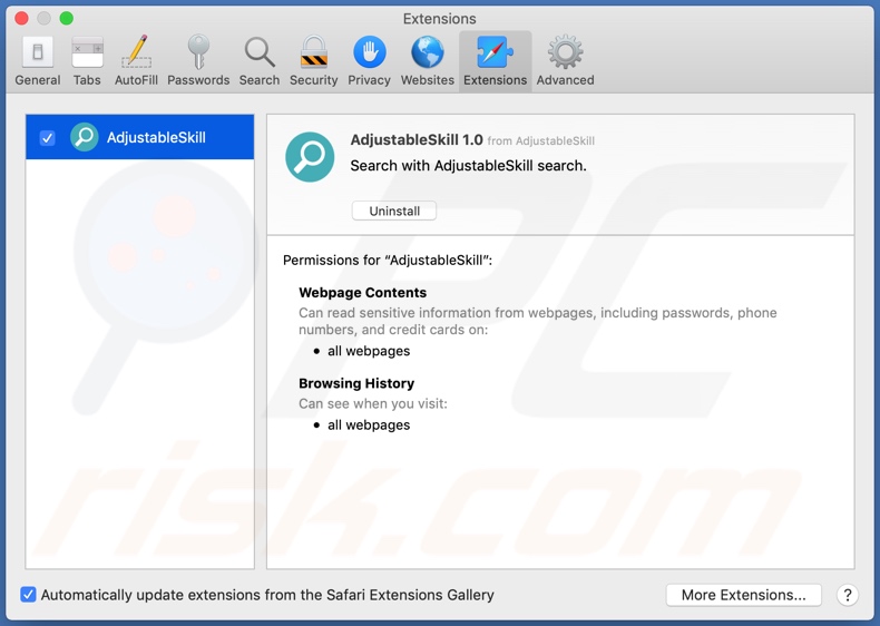 AdjustableSkill adware installed onto Safari