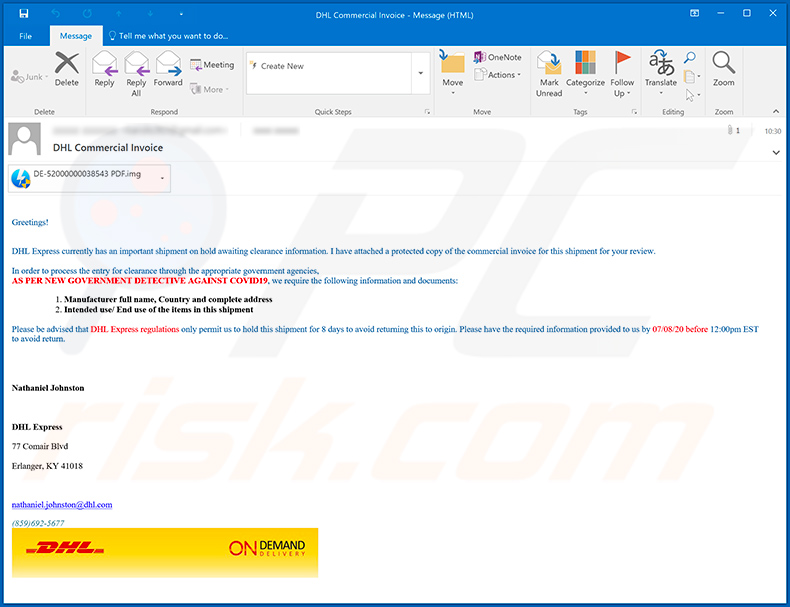 E-mail spamowy o tematyce DHL Express użyany do rozsyłania AgentTesla