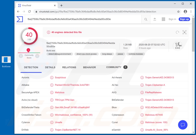 Wykrycia malware E-Clipper na VirusTotal