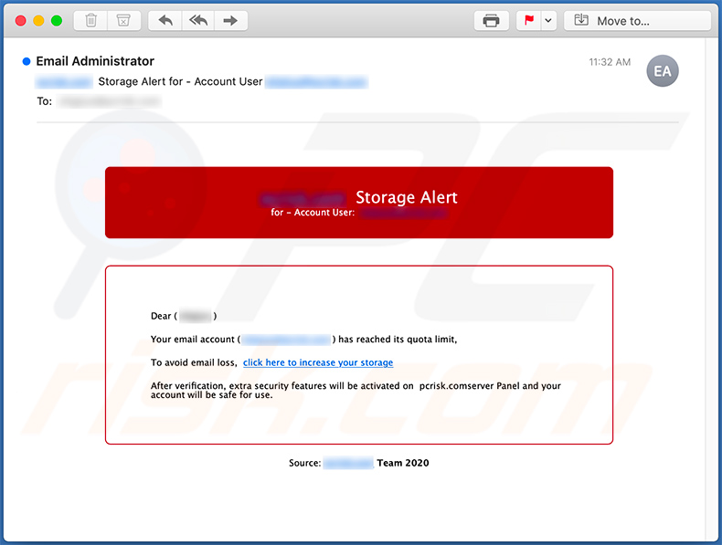 E-mail ze spamem o tematyce przekroczenia limitu poczty używany do promowania witryn phishingowych (2020-08-19)
