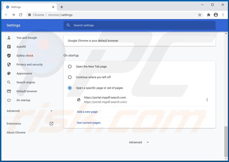 Removing mypdf-search.com from Google Chrome homepage