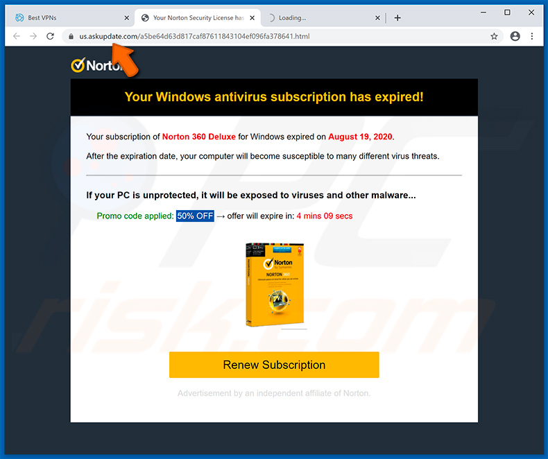 Pop-up Norton Subscription Has Expired Today wyświetlany przez witrynę us.askupdate.com