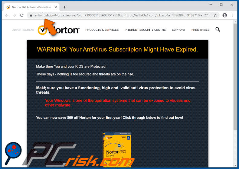 Witryna antivirusfit.co dostarczająca oszustwo pop-up Norton Subscription Has Expired Today