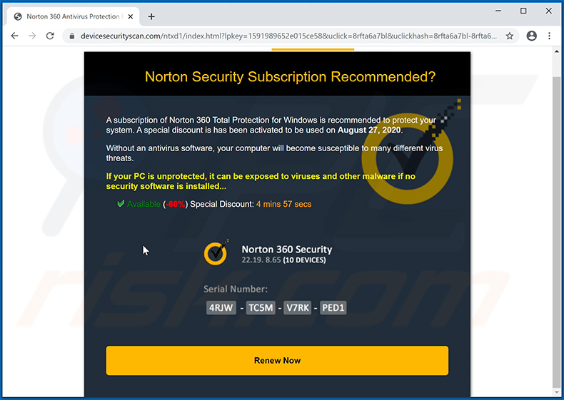 Oszustwo pop-up Norton Subscription Has Expired Today dostarczane przez witrynę devicesecurityscan.com