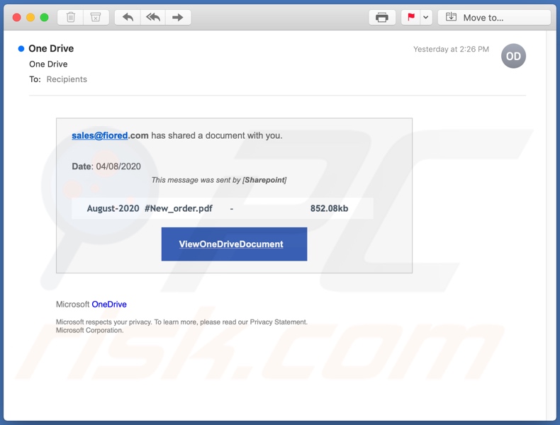 Fałszywa e-mailowa kampania spamowa OneDrive