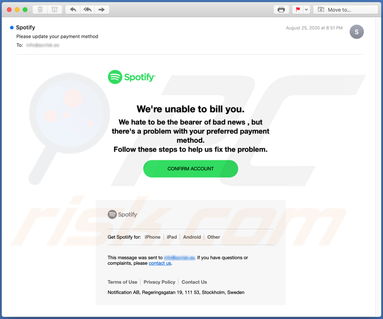 E-mailowa kampania spamowa oszustwa Spotify