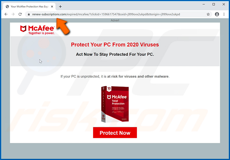 OSzustwo pop-up Your McAfee Subscription Has Expired dostarczane przez renew-subscriptions.com