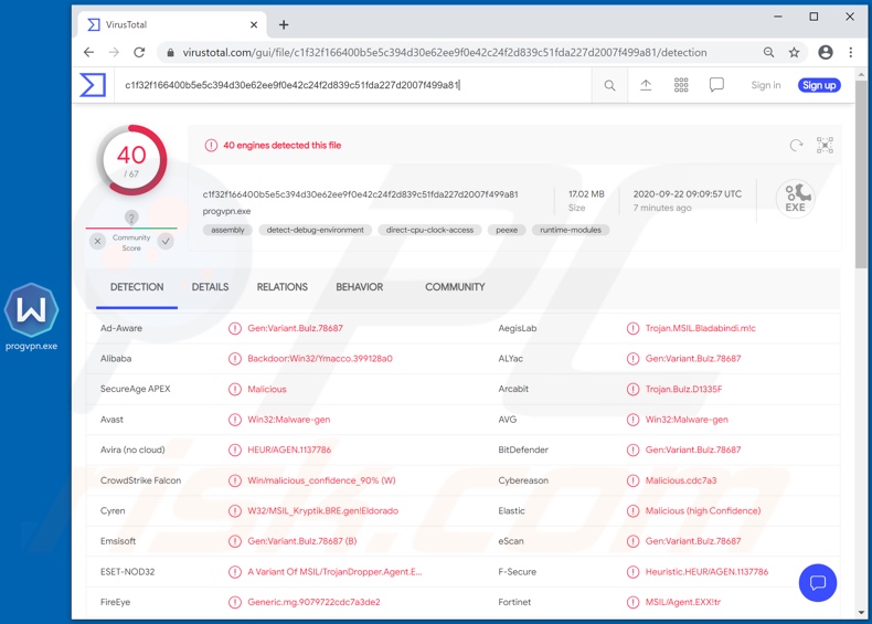 Wykrycia malware BLADABINDI VirusTotal