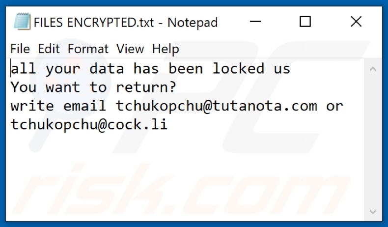 Chuk ransomware text file (FILES ENCRYPTED.txt)