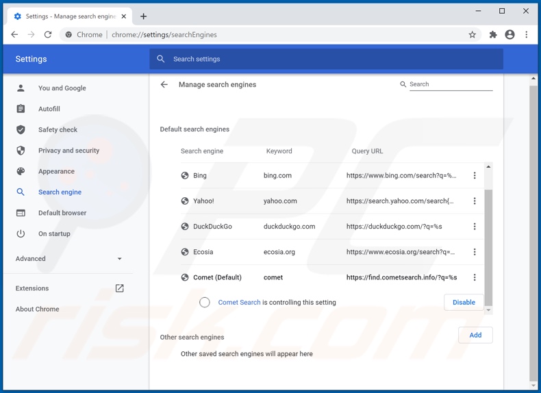 Removing cometsearch.info from Google Chrome default search engine