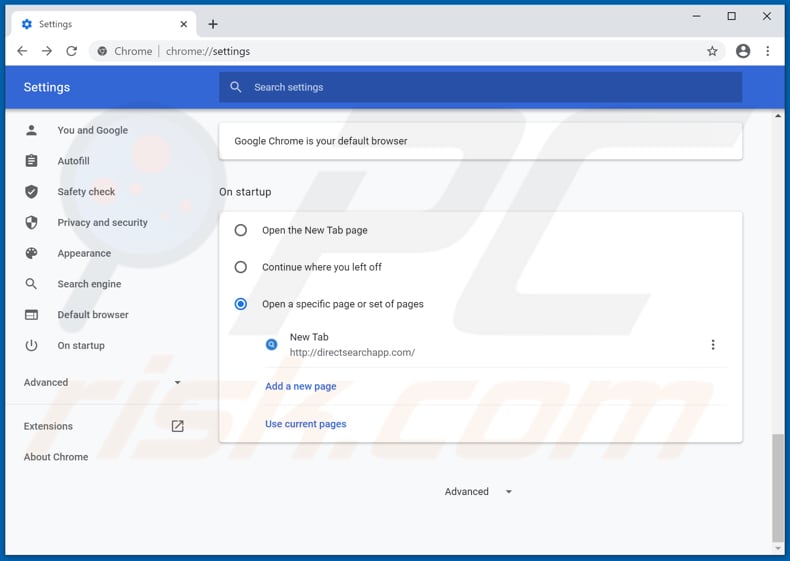 Removing directsearchapp.com from Google Chrome homepage