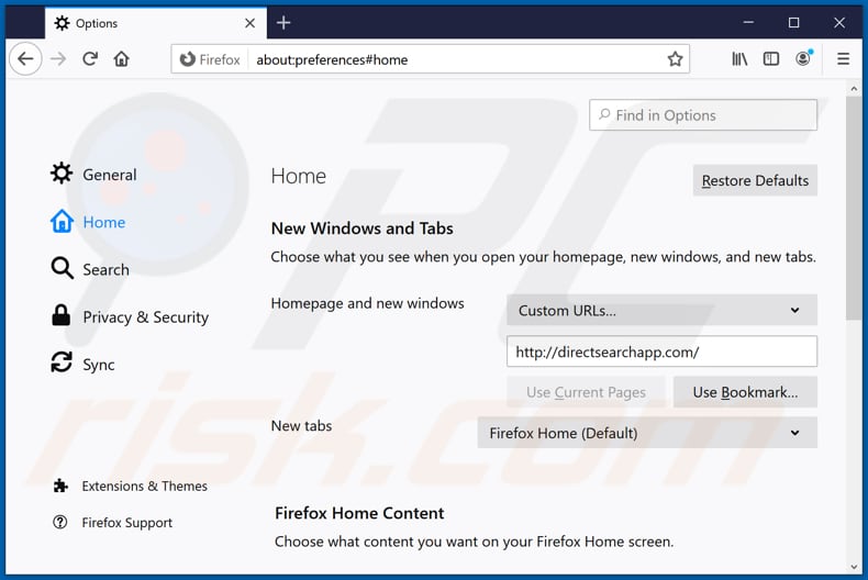 Removing directsearchapp.com from Mozilla Firefox homepage