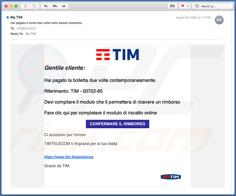 Włoski e-mail spamowy używany do celów phishingowych