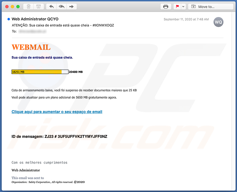 Portugalski e-mail ze spamem o tematyce pojemności skrzynki e-mail