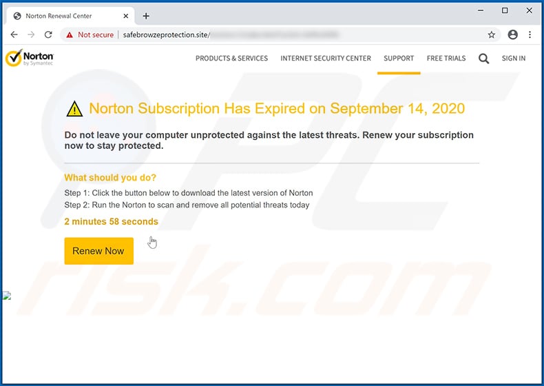 Pop-up oszustwa Norton Subscription Has Expired Today dostarczany przez safebrowzeprotection.site
