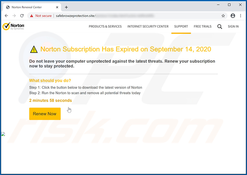 Pop-up oszustwa Norton Subscription Has Expired Today dostarczany przez safebrowzeprotection.site