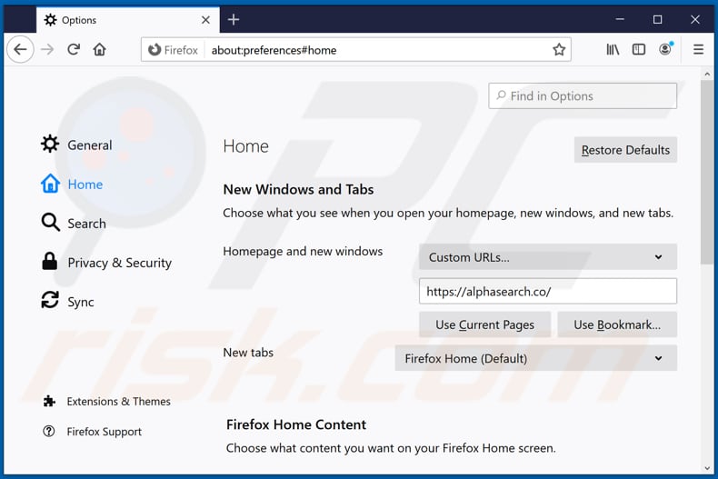 Usuwanie alphasearch.co ze strony domowej Mozilla Firefox