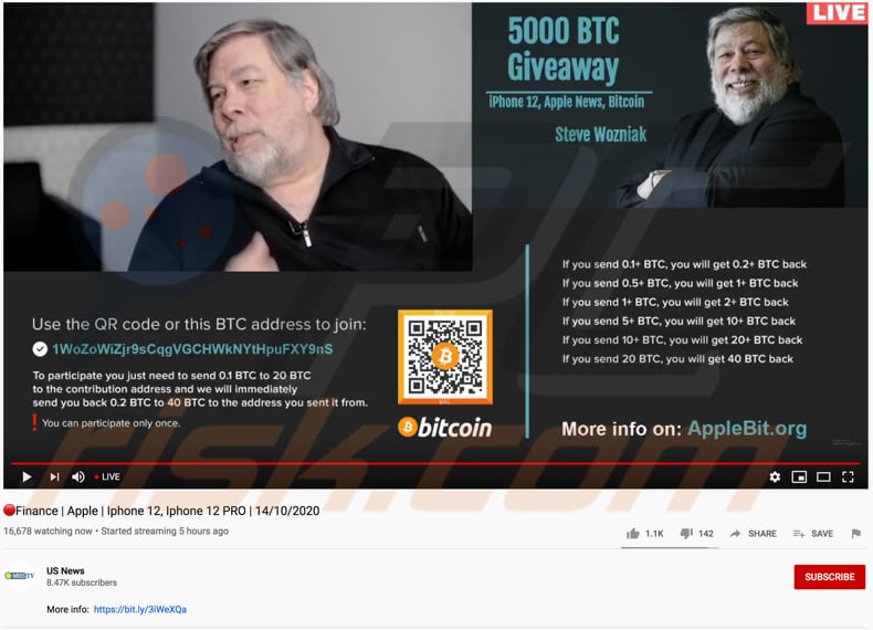 wideo youtuve promujące oszustwo rozdania btc