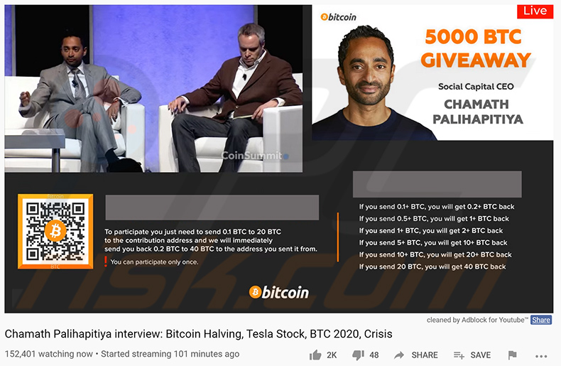Wideo z Chamathem Palihapitiyą promujące oszustwo rozdania BTC
