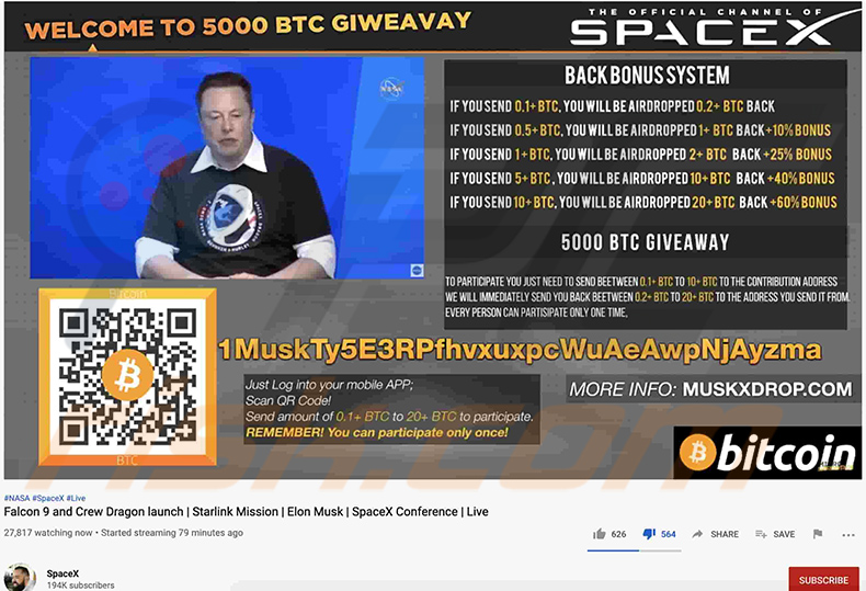Wideo z Elonm Muskiem promujące oszustwo rozdania BTC