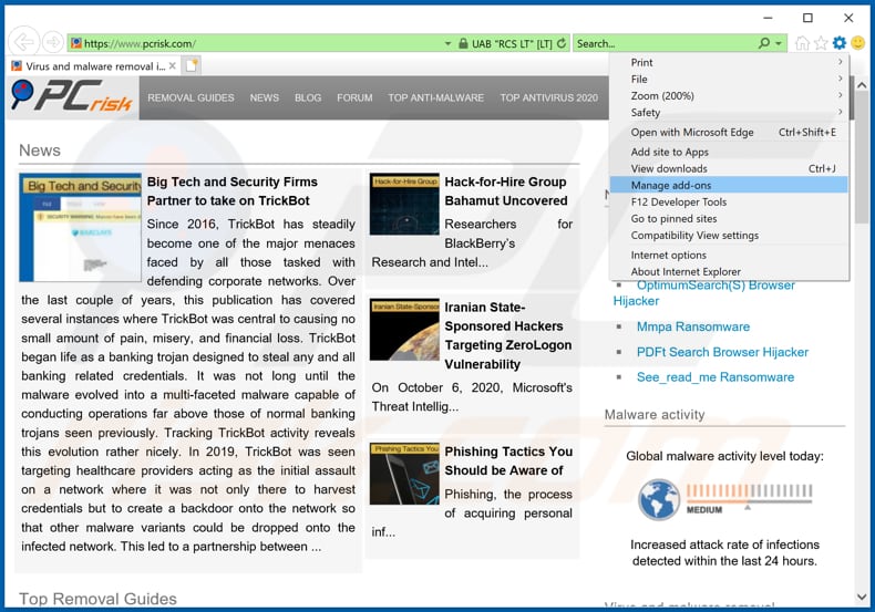 Usuwanie nieuczciwych rozszerzeń z Internet Explorer krok 1