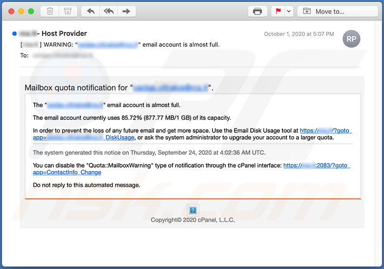 Spamowy e-mail o tematyce pojemności skrzynki pocztowej (2020-10-05 - przykład 2)