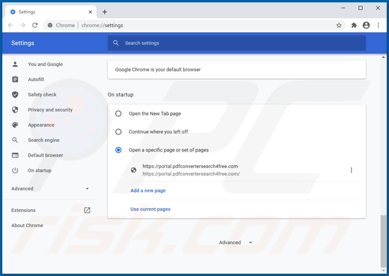 Removing pdfconvertersearch4free.com from Google Chrome homepage