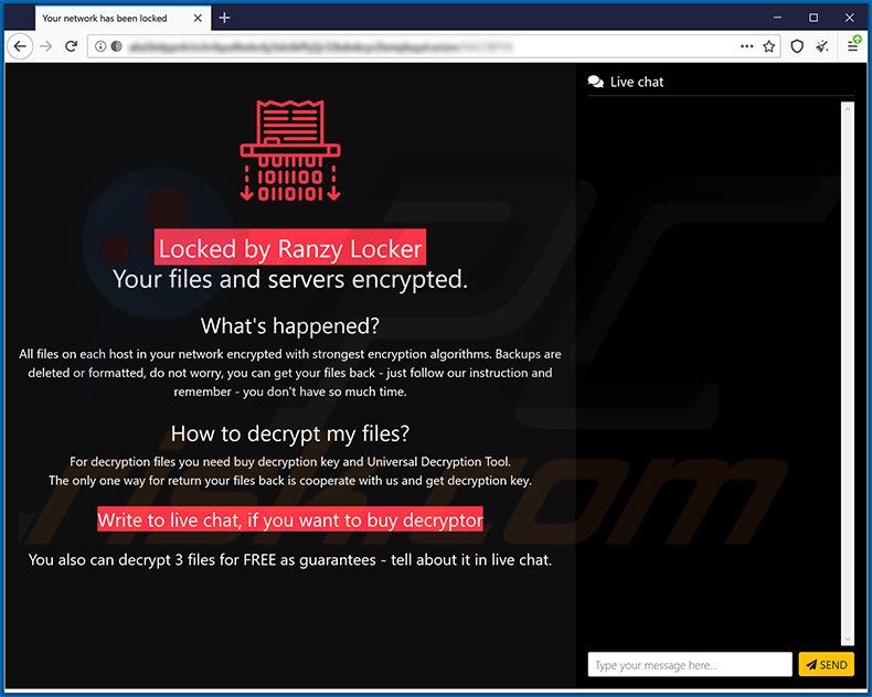 Ranzy Locker ransomware website in Tor browser