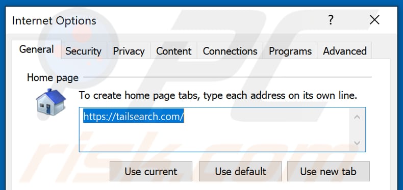 Removing tailsearch.com from Internet Explorer homepage