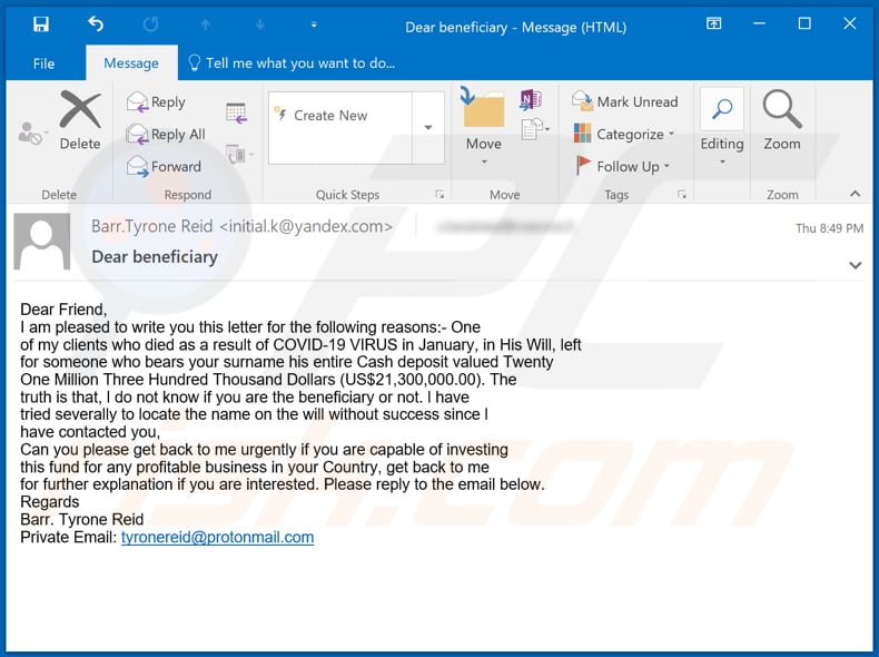 Wariant oszukańczego e-maila beneficiary inheritance o tematyce koronawirusa