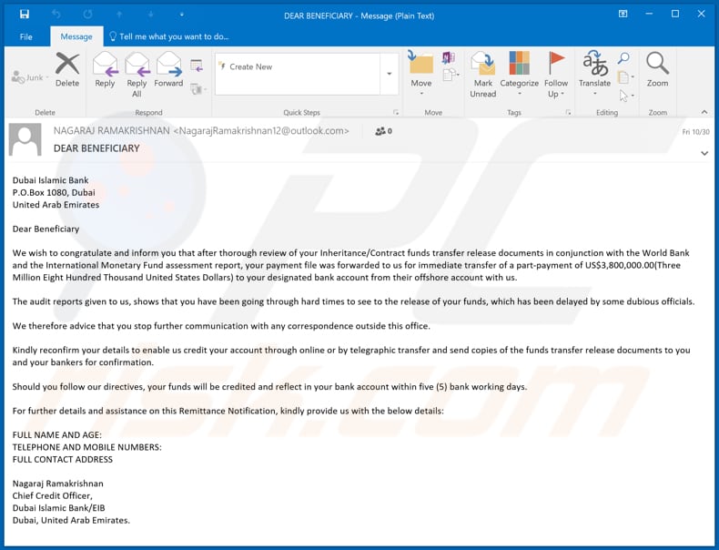 E-mailowa kampania spamowa oszustwa Beneficiary/Inheritance